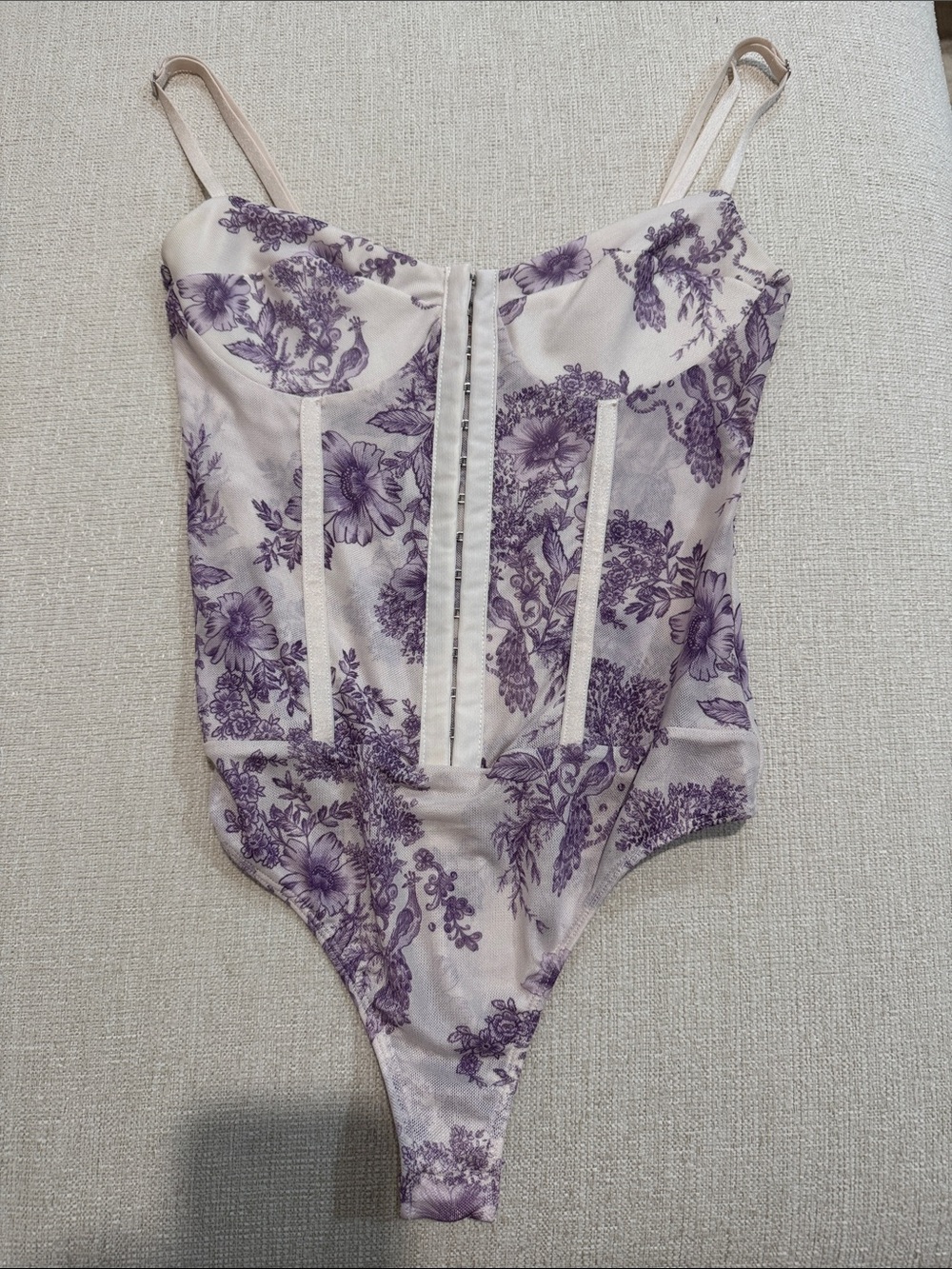 Free People Floral Corset Bodysuit in Lavender and Cream